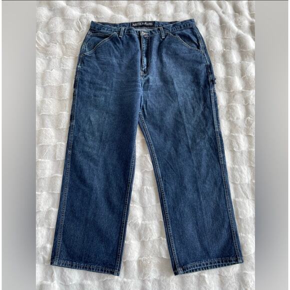 🔥Vintage Y2K Nautica USA Baggy Wide Leg Carpenter Work Blue Jeans Mens 40x30